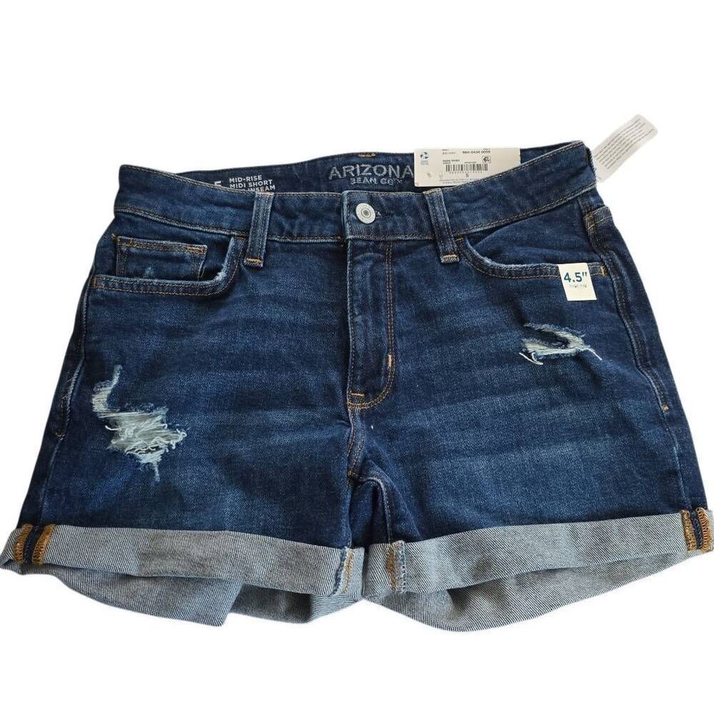 Arizona Junior's Size 5 Dk River Denim Mid Rise Midi 4.5 Inseam Rolled Hem Short